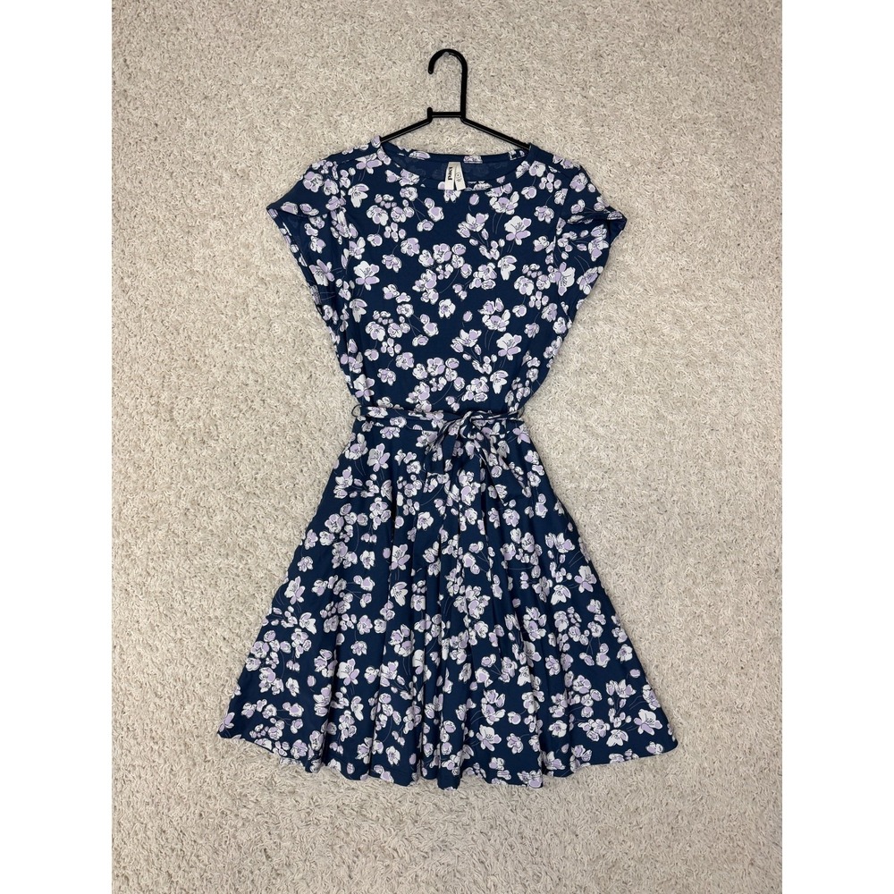 Pact Organic Cotton Fit Flare Petal Sleeve Dress Floral Tie Waist Stretch Medium